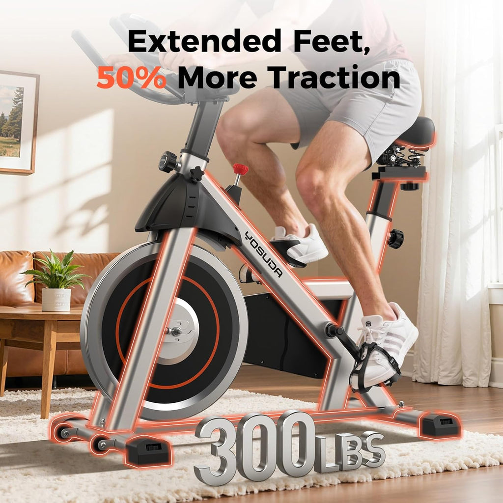 Brake Pad Stationary Bike for Home with Exclusive App, Magnetic Indoor Cycling Bike with 300 lb Weight Capacity, Low Noise, Tablet Holder and Fitness Courses for Weight Loss