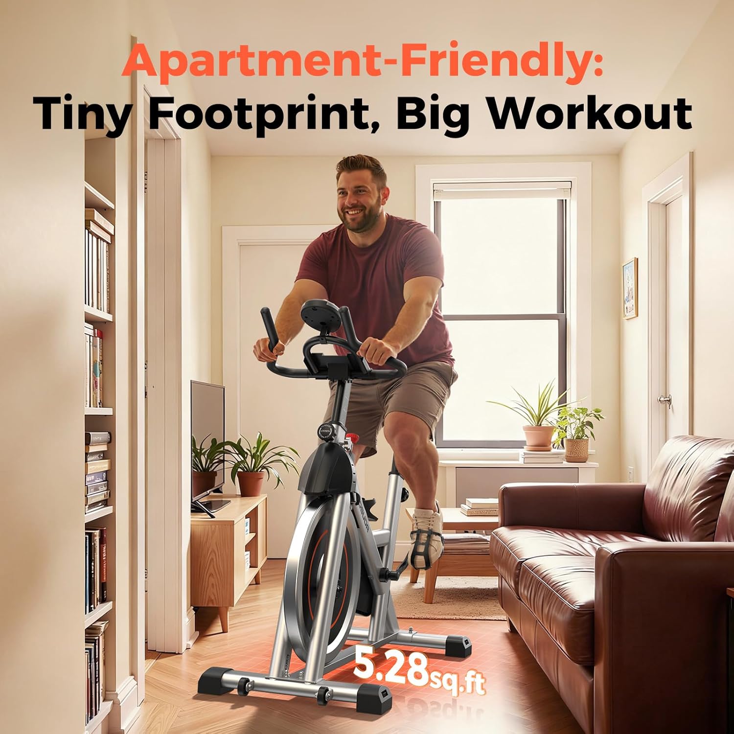Brake Pad Stationary Bike for Home with Exclusive App, Magnetic Indoor Cycling Bike with 300 lb Weight Capacity, Low Noise, Tablet Holder and Fitness Courses for Weight Loss