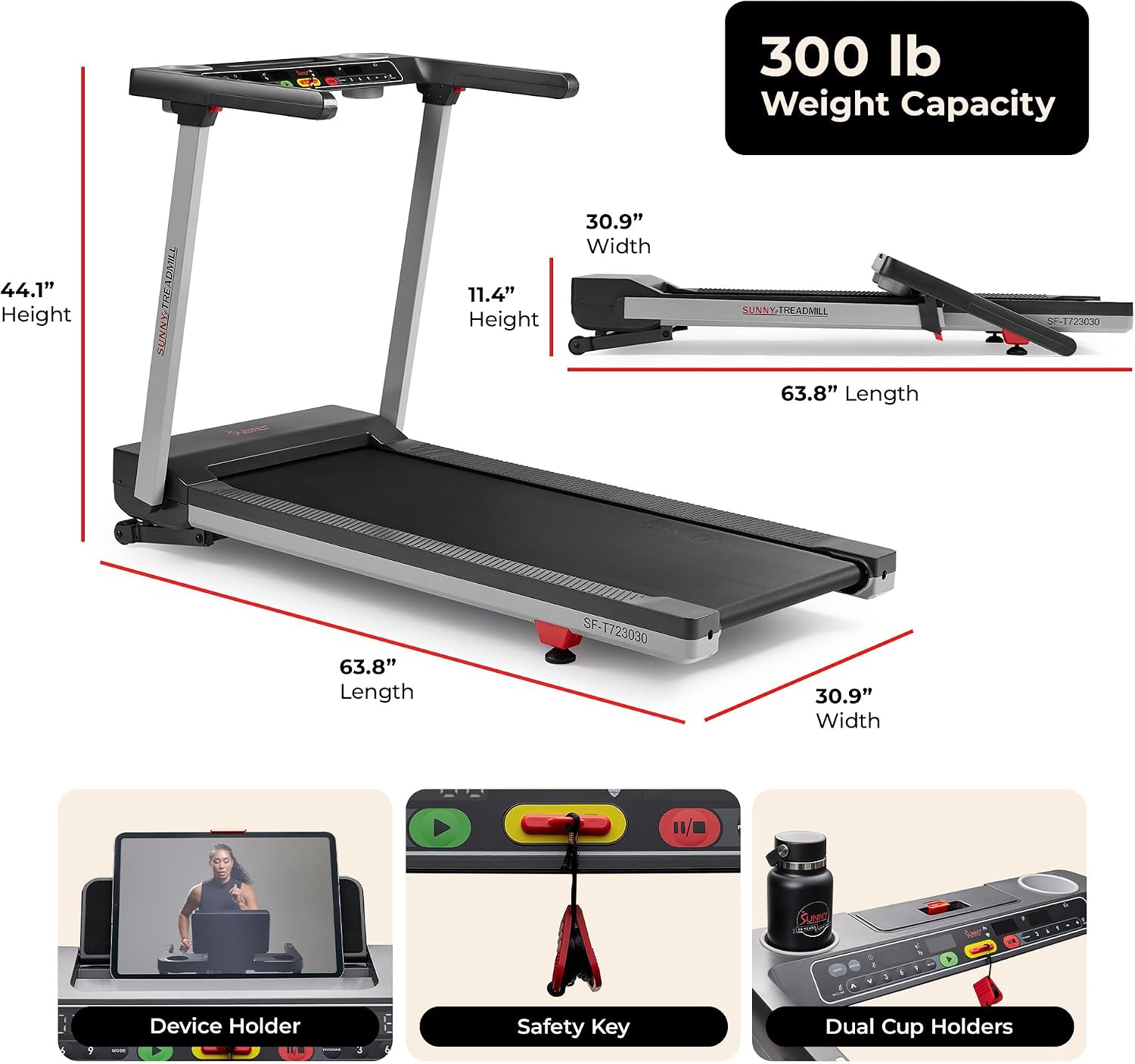 Health & Fitness Fully Assembled OneClick-Fold 20" Smart Treadmill with Auto Incline & SunnyFit App