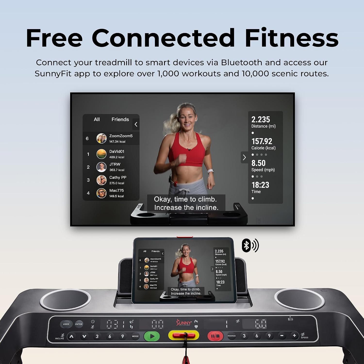 Health & Fitness Fully Assembled OneClick-Fold 20" Smart Treadmill with Auto Incline & SunnyFit App