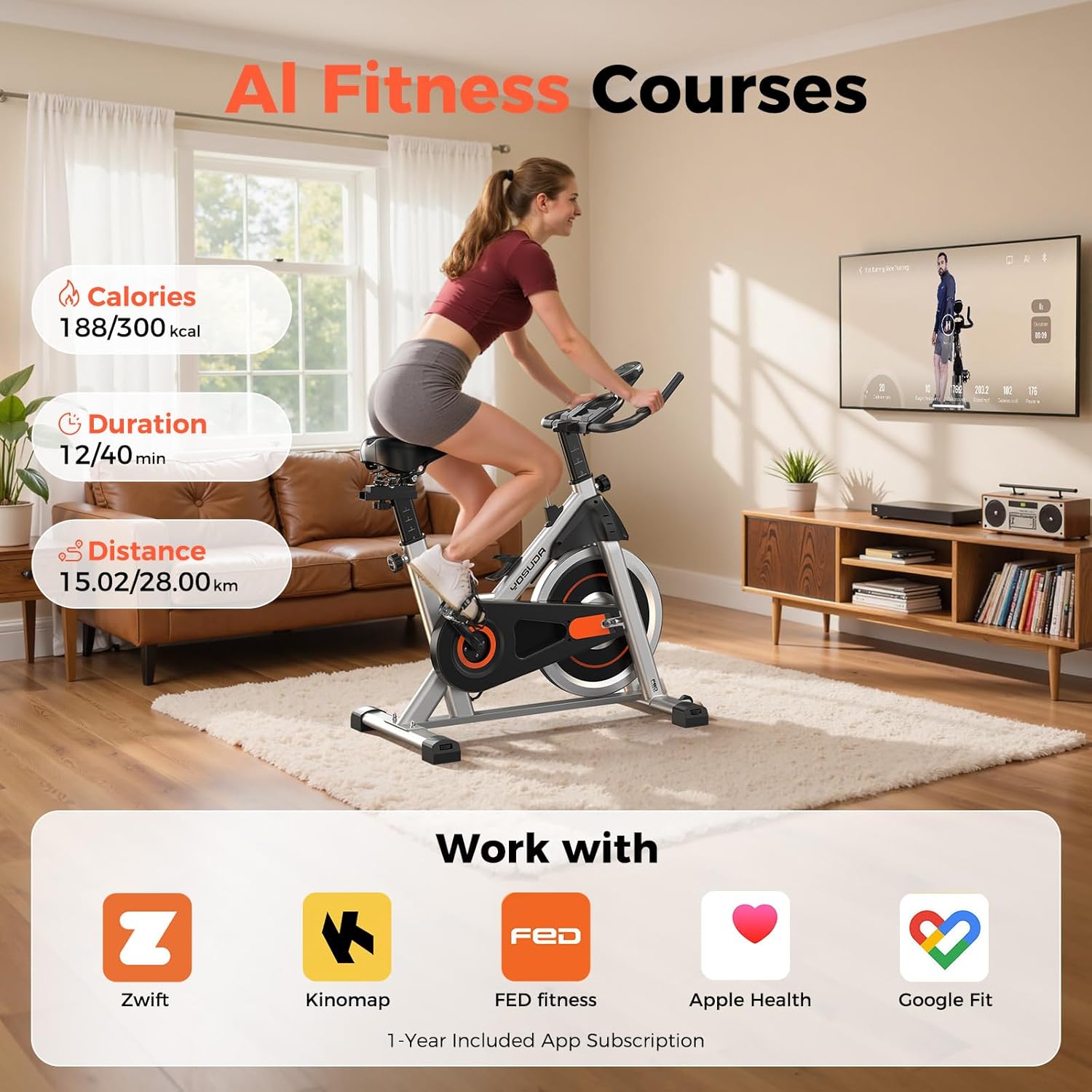 Brake Pad Stationary Bike for Home with Exclusive App, Magnetic Indoor Cycling Bike with 300 lb Weight Capacity, Low Noise, Tablet Holder and Fitness Courses for Weight Loss