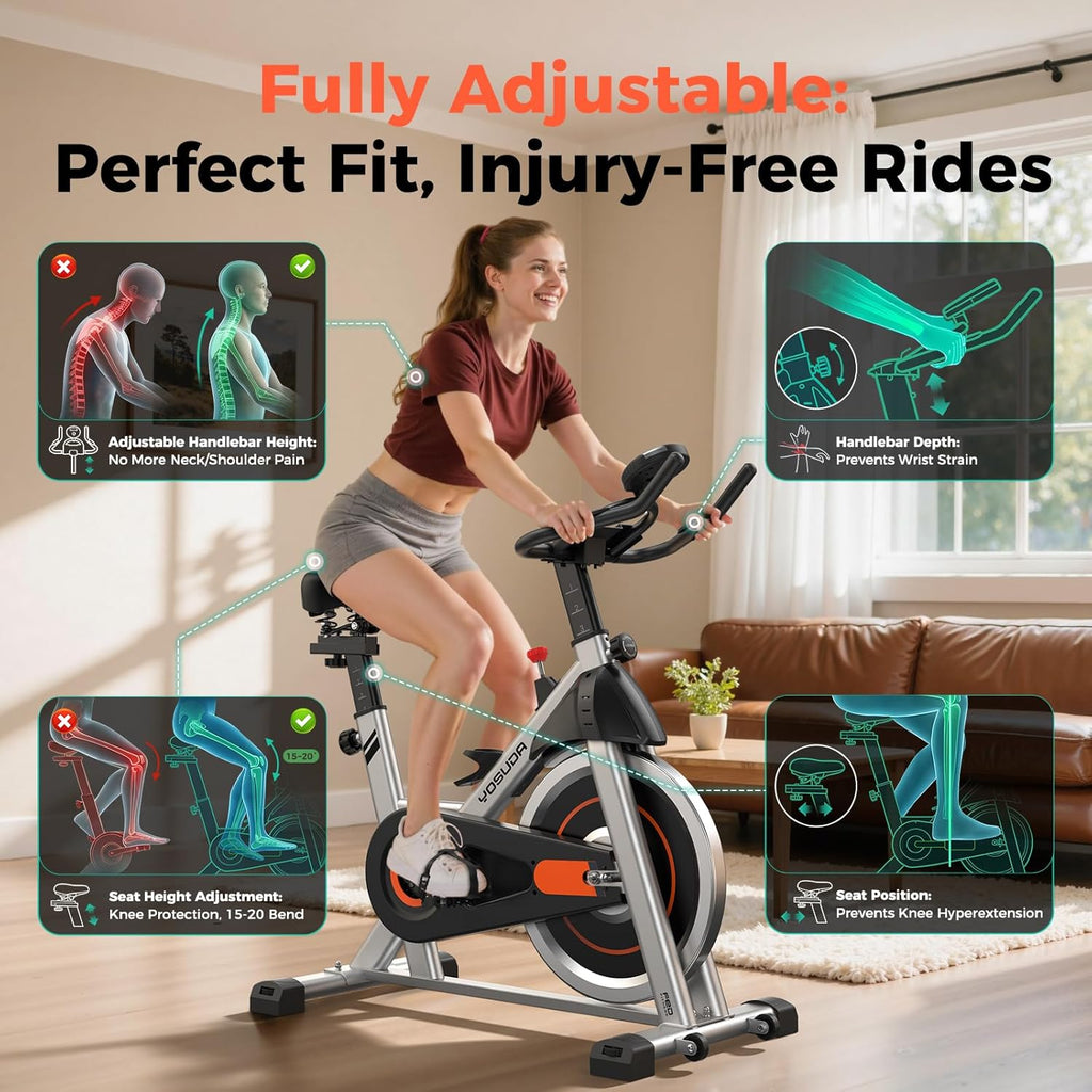 Brake Pad Stationary Bike for Home with Exclusive App, Magnetic Indoor Cycling Bike with 300 lb Weight Capacity, Low Noise, Tablet Holder and Fitness Courses for Weight Loss