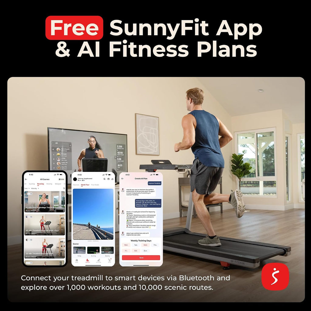 Health & Fitness Fully Assembled OneClick-Fold 20" Smart Treadmill with Auto Incline & SunnyFit App