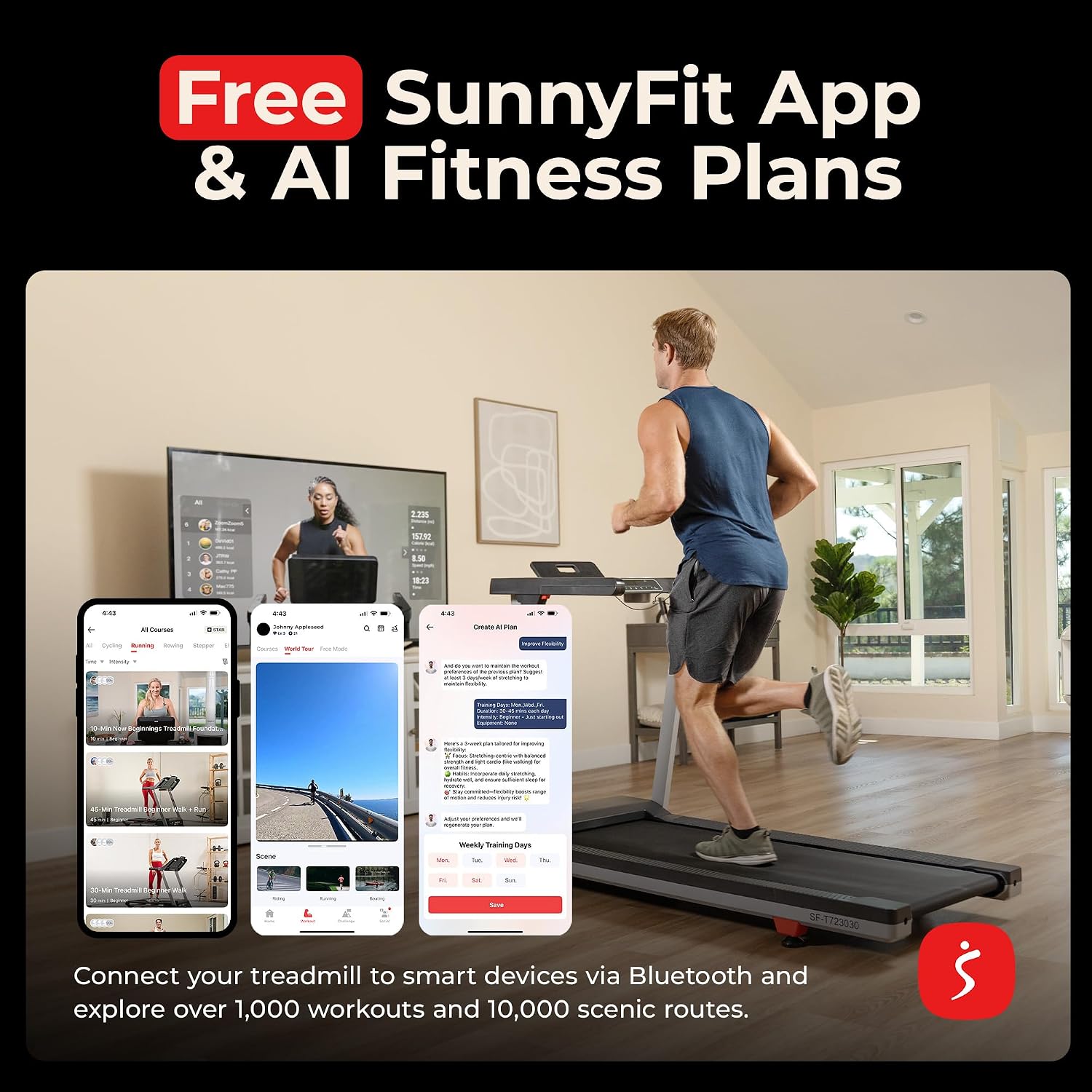 Health & Fitness Fully Assembled OneClick-Fold 20" Smart Treadmill with Auto Incline & SunnyFit App
