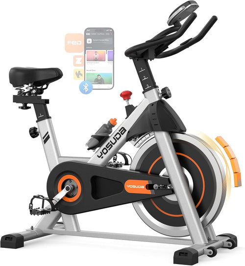 Brake Pad Stationary Bike for Home with Exclusive App, Magnetic Indoor Cycling Bike with 300 lb Weight Capacity, Low Noise, Tablet Holder and Fitness Courses for Weight Loss