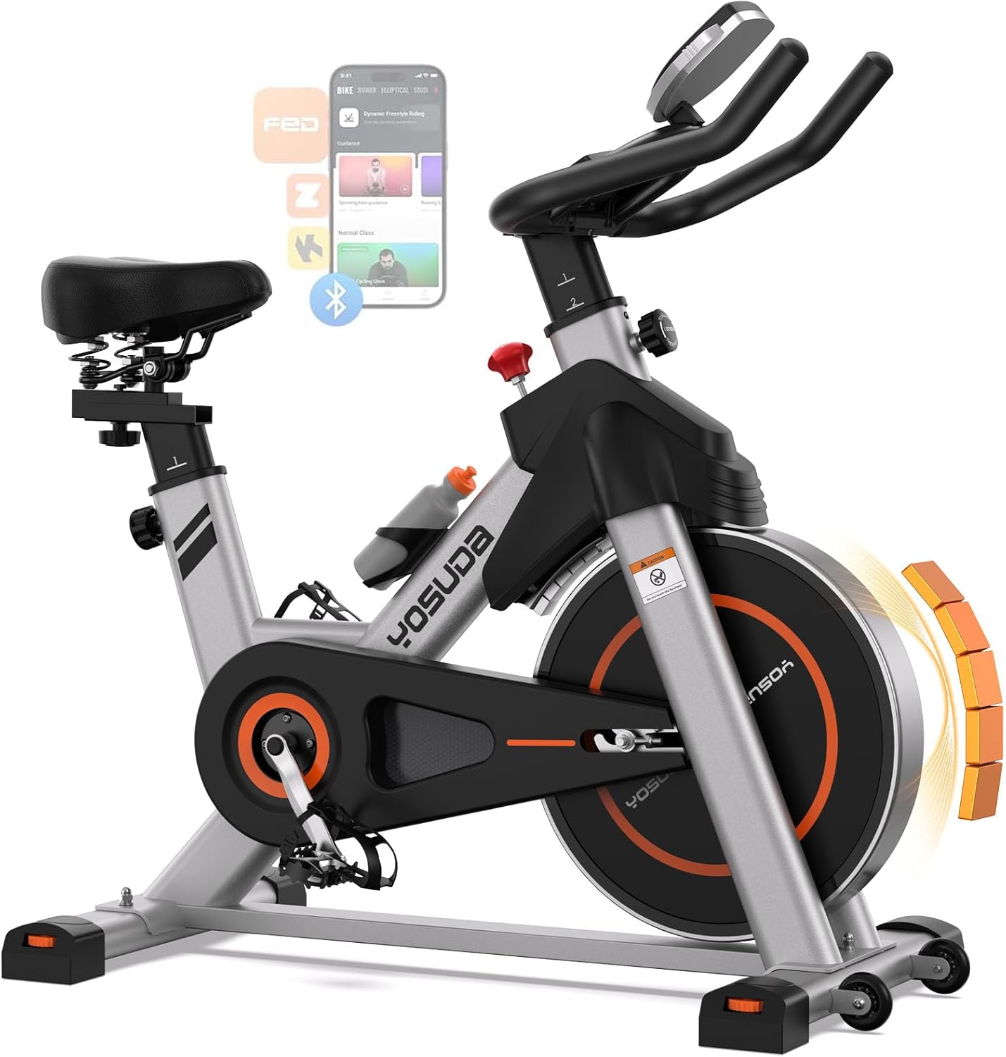 Brake Pad Stationary Bike for Home with Exclusive App, Magnetic Indoor Cycling Bike with 300 lb Weight Capacity, Low Noise, Tablet Holder and Fitness Courses for Weight Loss